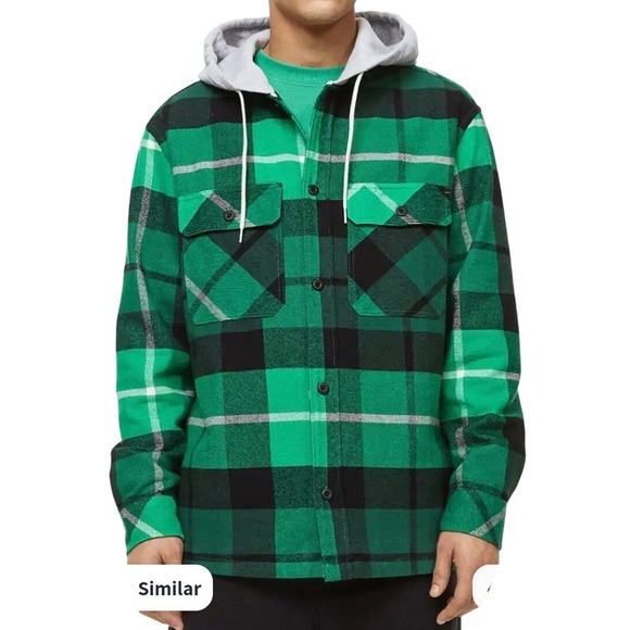 H&M Pure Cotton Green Plaid Flannel Hooded Overshirt Jacket Mens Sz XXL Outdoor - Picture 1 of 6